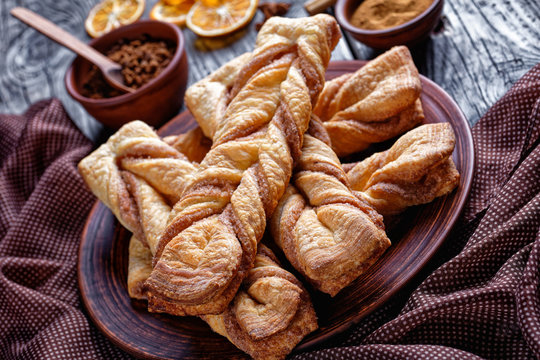 close-up of Cinnamon sugar puff pastry twists