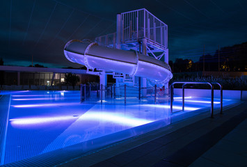 Pool. Water. Slide. Resort. Blue Hour