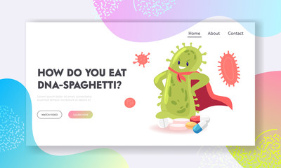 Epidemic Disease and Vaccination Website Landing Page. Huge Green Microbe in Red Super Hero Cloak Stand with Arms Akimbo on Pile of Medicine Pills Web Page Banner. Cartoon Flat Vector Illustration