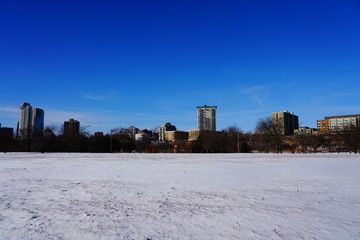 Cold winter January landscape view of east side of the city of Milwaukee, Wisconsin. 
