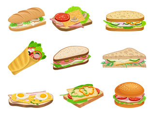 Subs and Sandwiches with Various Ingredients Vector Set