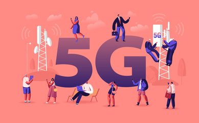5g Technology Concept. Workers on Transmitter Tower Set Up High-speed Mobile Internet, New Generation Networks for Online Communication Poster Banner Flyer Brochure. Cartoon Flat Vector Illustration