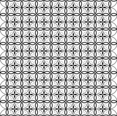 Seamless geometric pattern of circles and floral motifs. Clothing fabric print. Decorative black and white minimal pattern. Abstract print.