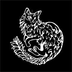 Illustration of a cat that lies on its side relaxed in a playful mood. Chalk on a blackboard.