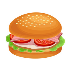 Burger with Sliced Tomato and Bacon Isolated on White Background Vector Illustration