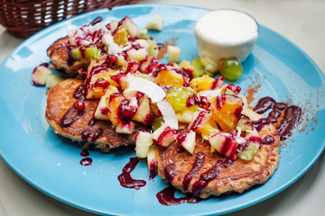 delicious pancake stack with honey