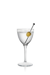 Isolated cocktail Martini with olive. With reflection