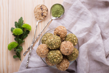 Homemade healthy raw energy sweet balls - vegetarian desserts