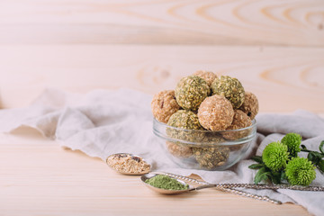 Homemade healthy raw energy sweet balls - vegetarian desserts