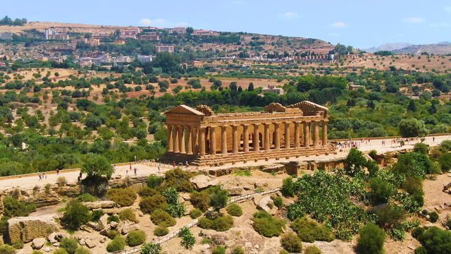 Ancient Greek temple in the Valley of the Temples or Valle dei Templi in Sicily. Aerial drone footage