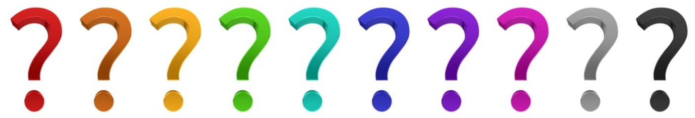 question marks red yellow gold green blue purple pink silver black interrogation points 3d