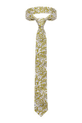 Subject shot of a classic yellow-green tie with all-over floral pattern. The necktie is isolated on the white background. 