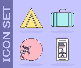 Set Smartphone with electronic boarding pass airline ticket, Tourist tent, Globe with flying plane and Suitcase for travel icon. Vector