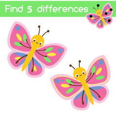 Cartoon butterfly. Find the differences educational children game. Kids activity fun page.