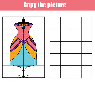 Princess dress. Draw by grid. Copy picture educational game for children and kids.