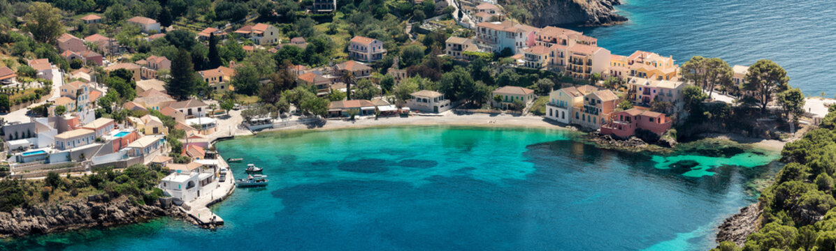 Wonderful Panoramic view of coasline Asos island. Sunny spring seascape of Ionian Sea.  Amazing outdoor scene of Kefalonia island, Greece, Europe. Aerial shot.