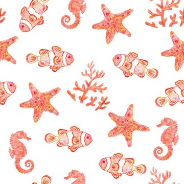 Seamless  hand-drawn background drawn by red pencil. The inhabitants of the coral reef: seahorse, fish, starfish and coral. Beautiful pattern for printing on fabric. Isolated image on a white backgrou