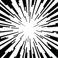 Comic book black and white radial lines background Manga or anime speed texture Superhero action frame Zoom effect Pop art gradient design Explosion vector illustration