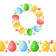 Easter Day - seamless border pattern with easter eggs, butterfly, flowers and wreath or round frame, ornamented endless bordure, stripe for textile, fabric, wrapping or scrapbooking paper - vector