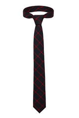 Subject shot of a classic cotton tie made of black textured fabric with red plaid print. The necktie is isolated on the white background.