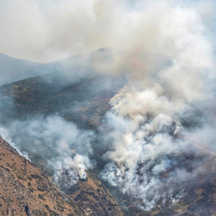Square Aerial view of mountain with white smoke from wild forest fire on a sunny day