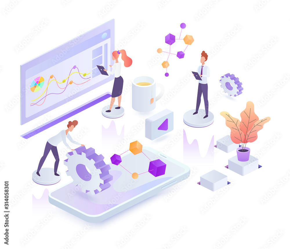 Poster creative process white isometric vector illustration. corporate management. collaboration and teamwo