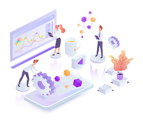 Creative process white isometric vector illustration. Corporate management. Collaboration and teamwork in company. Innovative digital services. Virtual platform cartoon conceptual design element