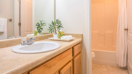 Pano Modern bathroom interior with white wall and view of bathtub toilet and vanity