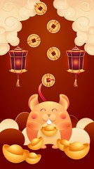 Vector on burgundy gradient background wishes you happiness. Happy mouse, rat, symbol Chinese New Year 2020, with gold ingot, red lights, CNY among the pastel clouds. Stock illustration asian holiday.