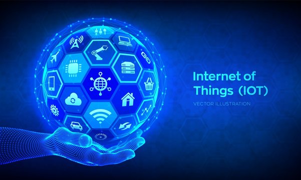 IOT. Internet Of Things Concept. Everything Connectivity Device Concept Network, And Business With Internet. Abstract 3D Sphere Or Globe With Surface Of Hexagons In Wireframe Hand. Vector Illustration