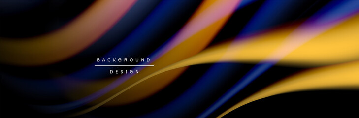 Сolorful flow poster. Wave liquid lines and shapes in black color background. Vector Illustration