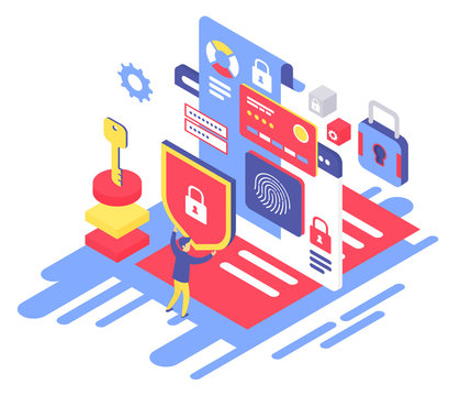 Data Protection Isometric Vector Illustration. Authorization, Verification. Personal Information Security. Guarding Private Data. Electronic Password. Cybersecurity Cartoon Conceptual Design Element