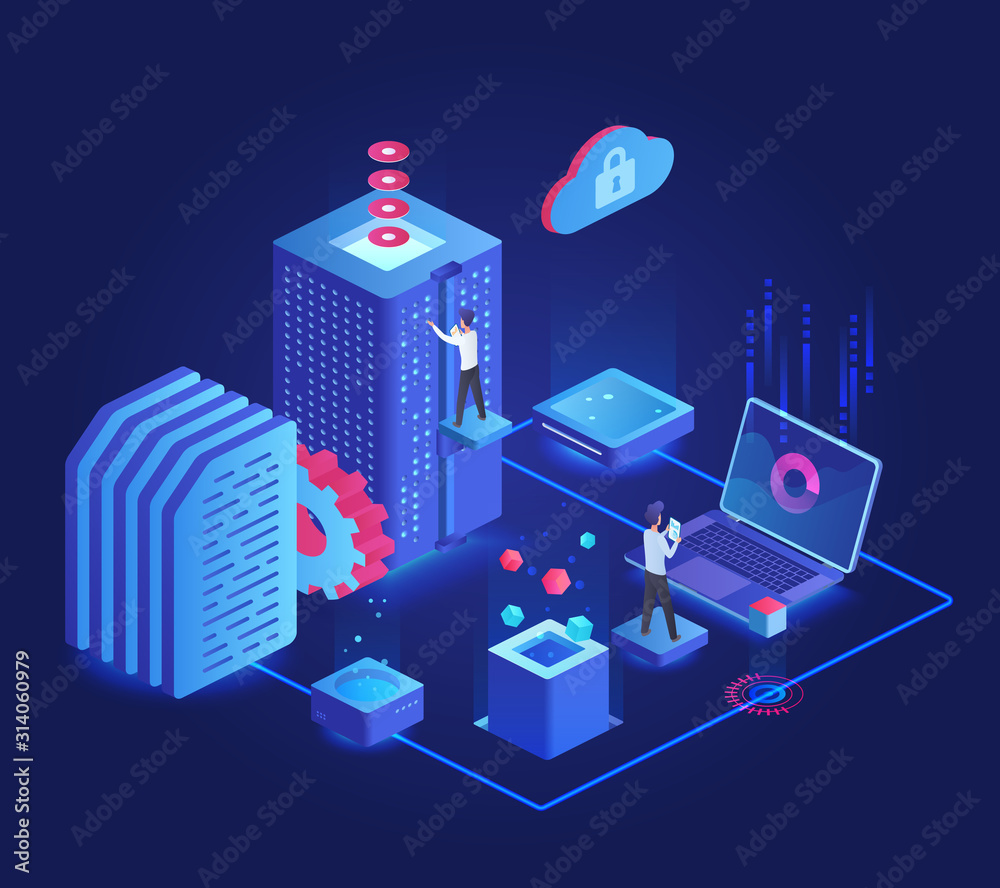 Poster database dark neon isometric vector illustration. online server maintenance team. service administra