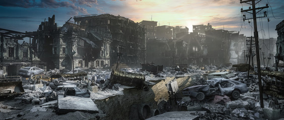 Apocalypse survivor concept, Ruins of a city. Apocalyptic landscape 3d render , 3d illustration concept	 - 314060901