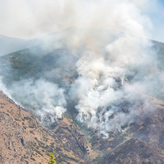 Square Nature landscape with puffs of white smoke rising from mountain forest fire