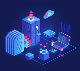 Database dark neon isometric vector illustration. Online server maintenance team. Service administration group. Futuristic cyberspace technology. Cloud datacenter cartoon conceptual design element