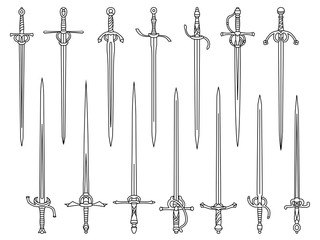 Set of simple monochrome images of rapiers and epees drawn by lines.