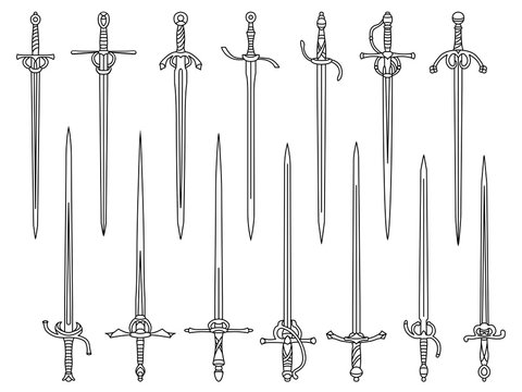 Set of simple monochrome images of rapiers and epees drawn by lines.