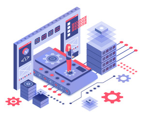 Datacenter isometric vector illustration. Engineering and administration. Computing technology. Motherboard and mechanical circuit. Hardware maintenance service cartoon conceptual design element