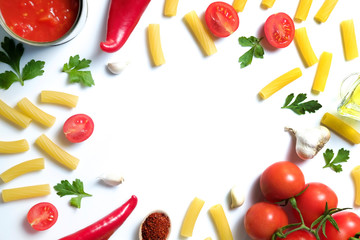 Clean healthy eating habits concept. Uncooked pasta, greens & vegetables mix and other vegan macaroni ingredients, white background. Vegetarian diet food. Flat lay, copy space