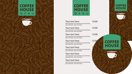Vector set of design elements for coffee house. Menu, business cards and coasters for drinks with cup of hot coffee on the background of decorative coffee beans