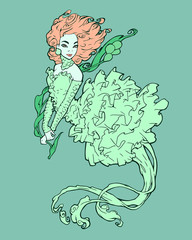 Cute cartoon anime illustration. Beautiful adorable mermaid girl with long red hair holding green branch of seaweed in her hands