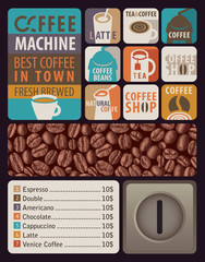 Vector set of design elements, stickers and icons for coffee shop or coffee house. Menu, business cards and coasters for drinks in signature style