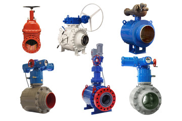 Fototapeta premium a group of modern shut-off valves of various designs for a gas pipeline isolated on white background