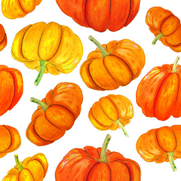 Seamless pattern with handdrawn watercolor orange pumpkins. Autumn texture.