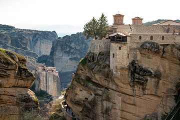 The Monasteries of Meteora an UNESCO World Heritage. The Holy Monastery of Varlaam and the Holy Monastery of Roussanou in background. Kalambaka (Kalabaka), Greece.