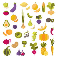 Vector set of fruits and vegetables. Organic food in flat style on a white background isolated.Stickers, icons, design for eco products, veggie menu.