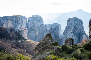 The Monasteries of Meteora an UNESCO World Heritage. The Holy Monastery of Roussanou. Kalambaka (Kalabaka), Greece.