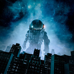 Dark space messenger / 3D illustration of retro science fiction scene with scary mysterious astronaut rising above city