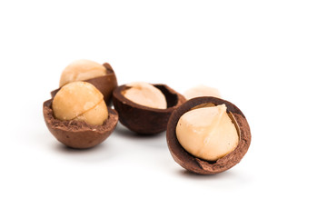 Raw not peeled whole macadamia nuts with shelled kernels isolated on white. Macro view. Healthy food. Protein source.